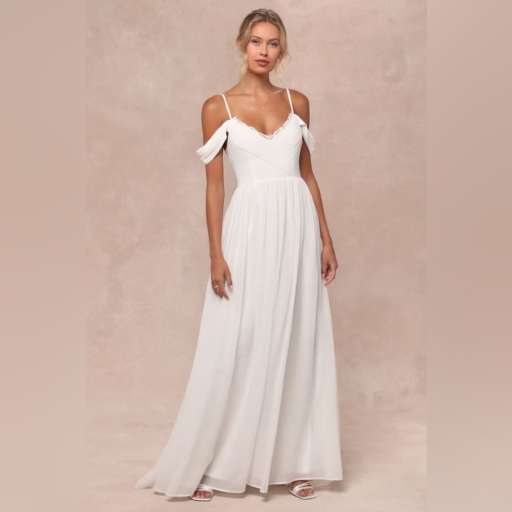 Lulus Marcelyn White Pleated Cold-Shoulder Maxi Dress
